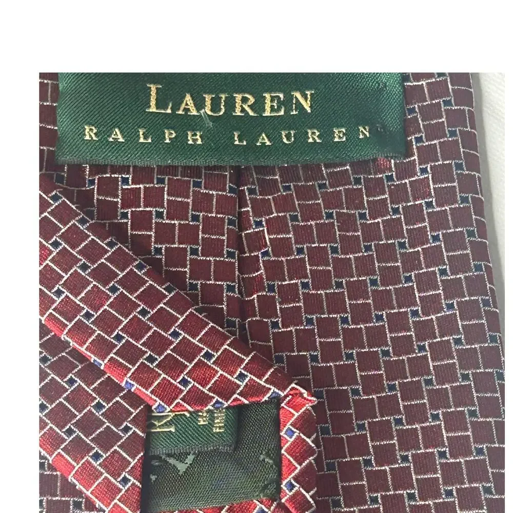 Lauren Ralph Lauren Vintage Burgundy 100% silk necktie textured geo squares